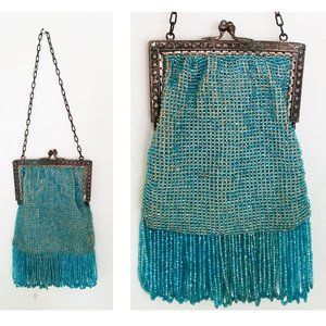 RARE Antique Vintage 20s Purse Beaded Purse Micro Beads Aquamarine